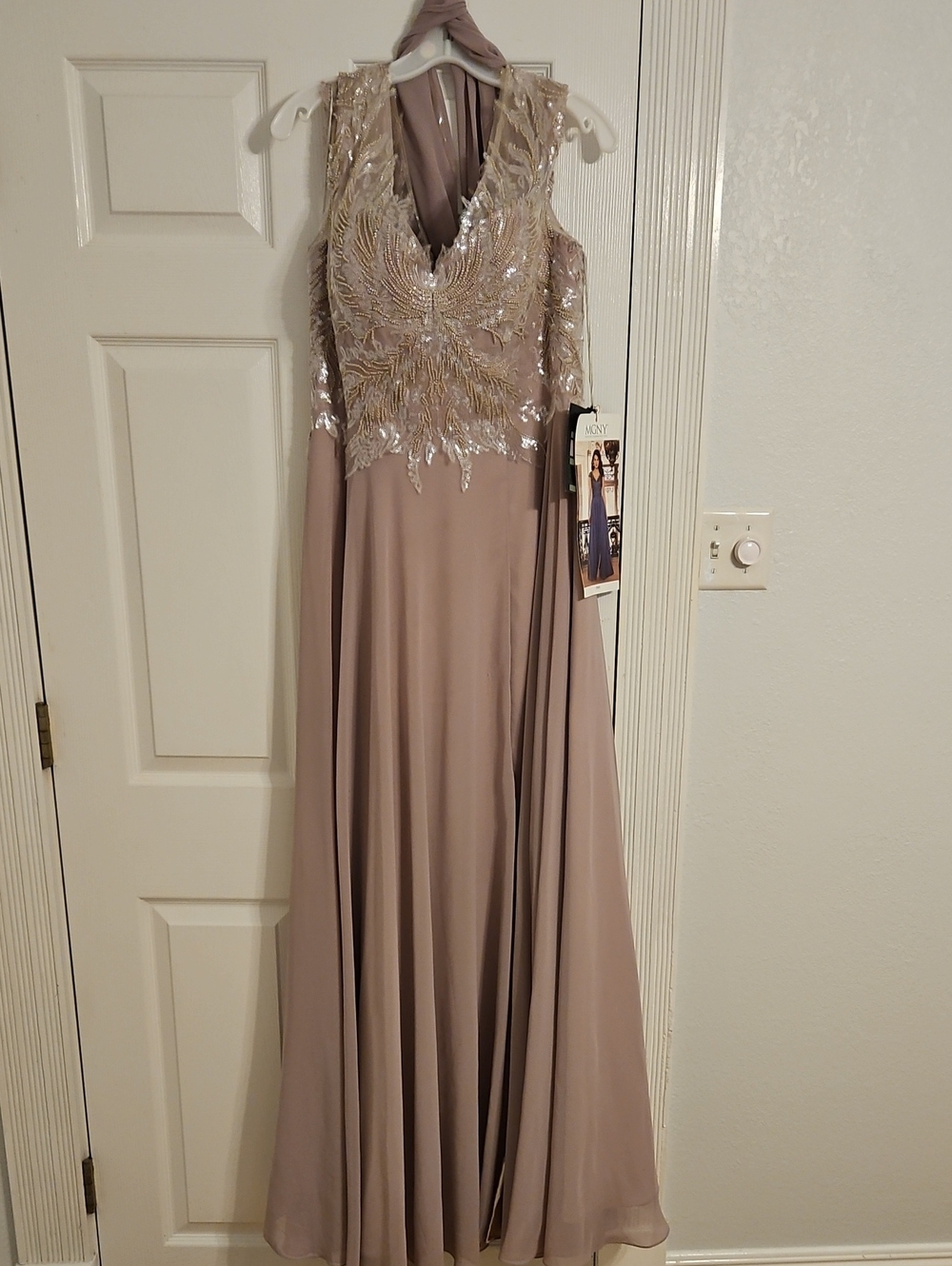 Sequin-Embellished Long Sleeve Evening Gown in Mauve